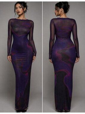 Saemdi Mesh Bodycon Maxi Dress Semi Sheer Dark Romantic Goth AStral 2X